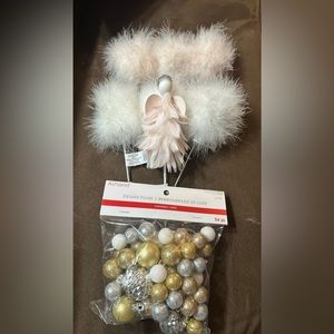Angel, Pompom and filler decorations. Pink, white, gold and silver.